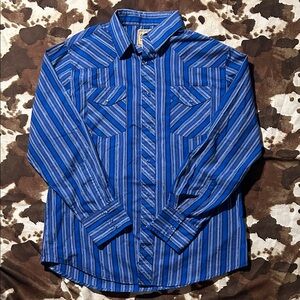 Wrangler Blue and Silver Striped Long Sleeve Pearl Snap Dress Shirt L